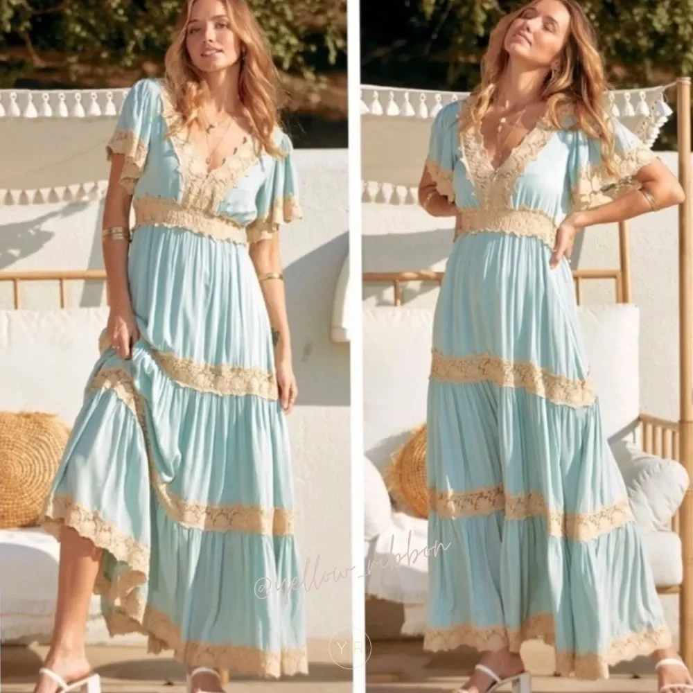 🆕 Turquoise Short Sleeve Lace Maxi Dress - Picture 4 of 5